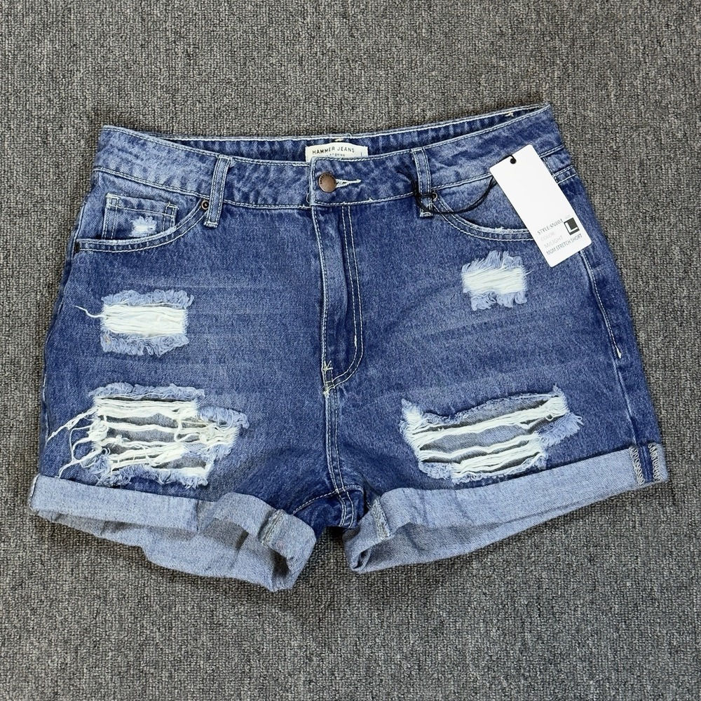 Hammer Jean Mom Strech Short Size L Distressed Rolled Hem NWT 32"‎ Waist
